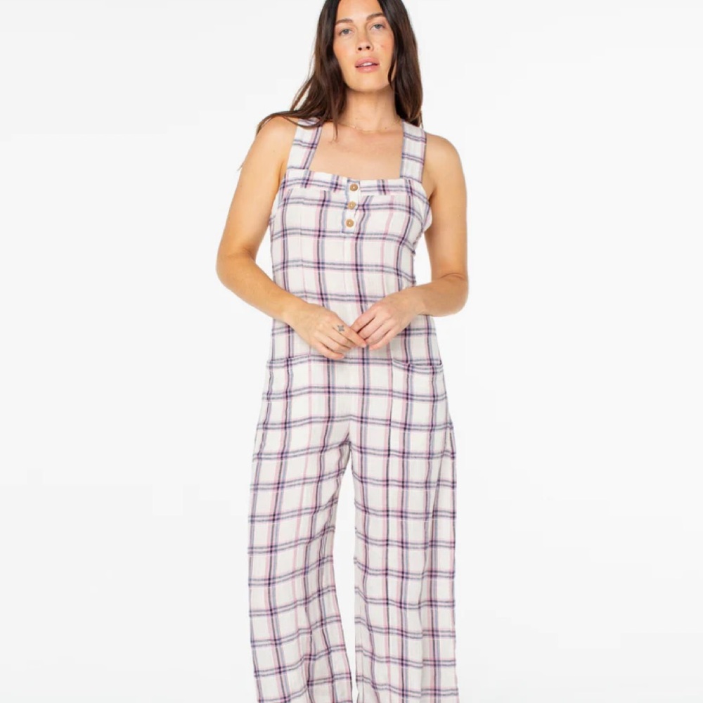 Roxy Plaid Button-Front Linen-Blend Jumpsuit in Cream and Purple